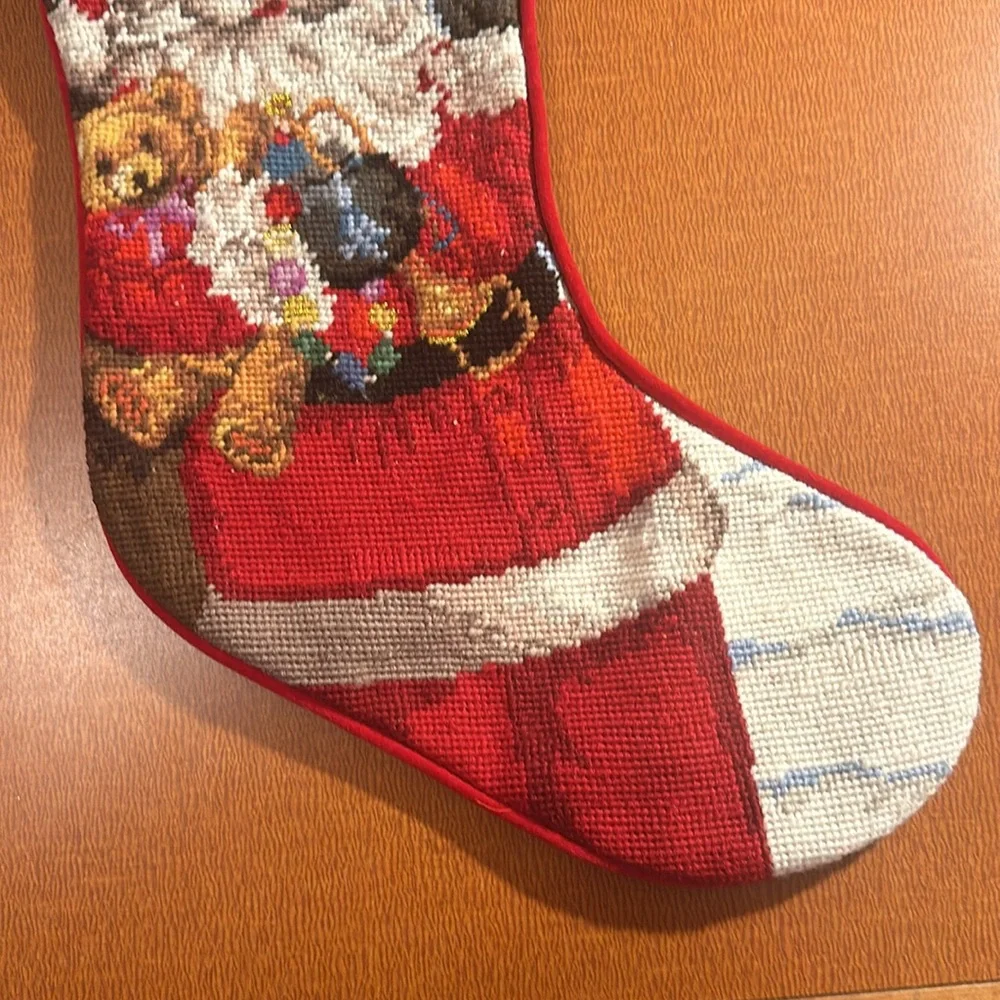 Santa Wool Embroidered Stocking with Red‎ Velvety Fabric